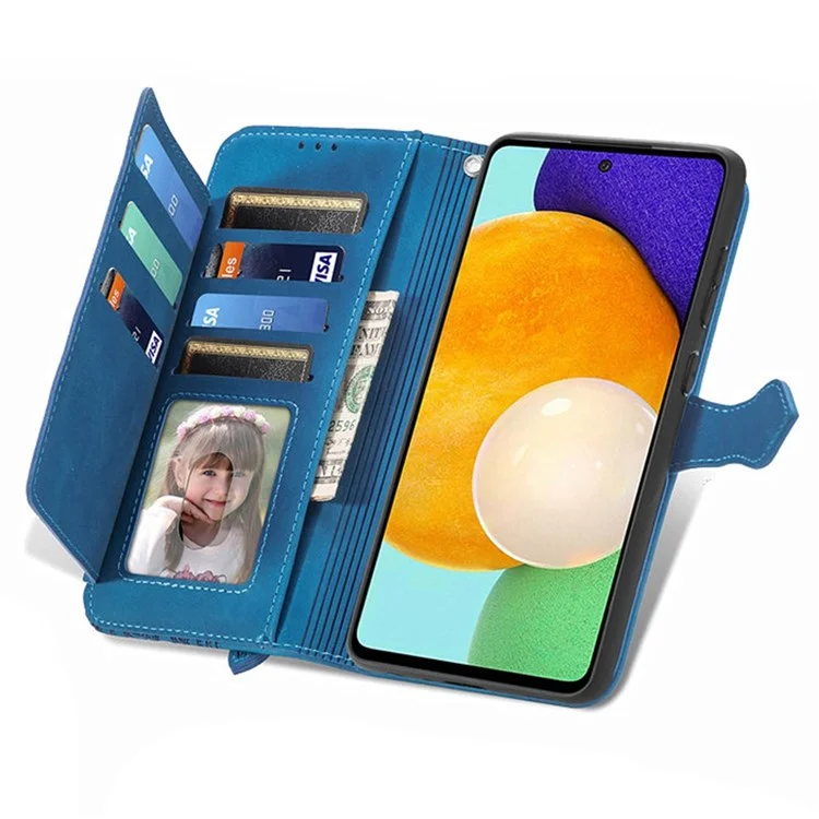 Pour Samsung Galaxy A52 4G/5G/A52s 5G Étui portefeuille en cuir avec poche Zipée Conception imprimée Antichoc Support Wallet Flip Shell avec Sangle - Bleu