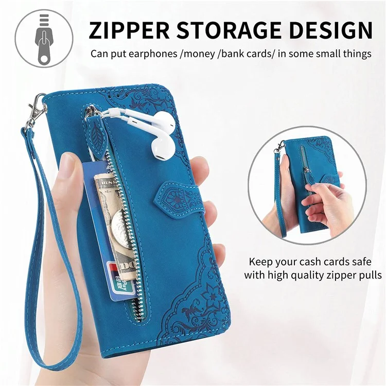 Pour Samsung Galaxy A52 4G/5G/A52s 5G Étui portefeuille en cuir avec poche Zipée Conception imprimée Antichoc Support Wallet Flip Shell avec Sangle - Bleu
