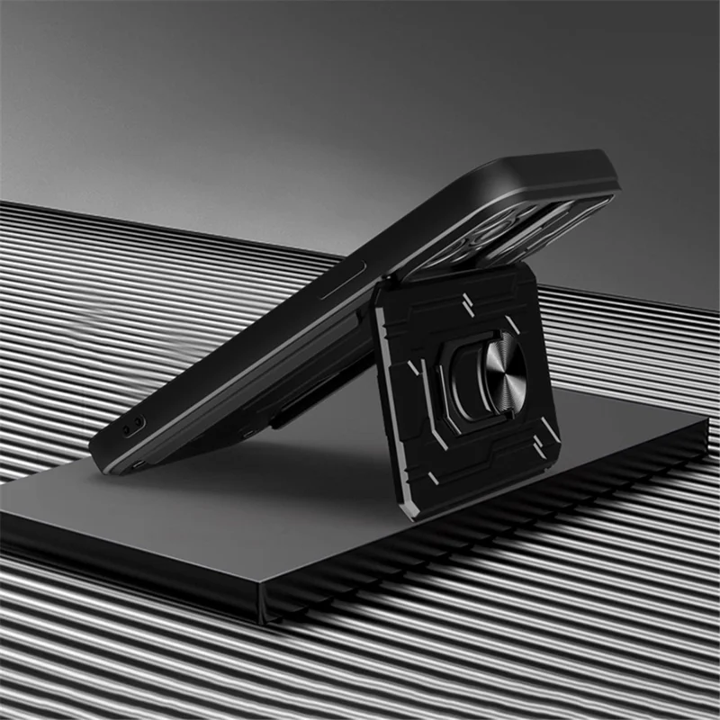 For iPhone 14 Pro Max 6.7 inch Kickstand Phone Case Hard PC  Soft TPU Hybrid Cover with Card Holder and Slide Lens Protection - Black