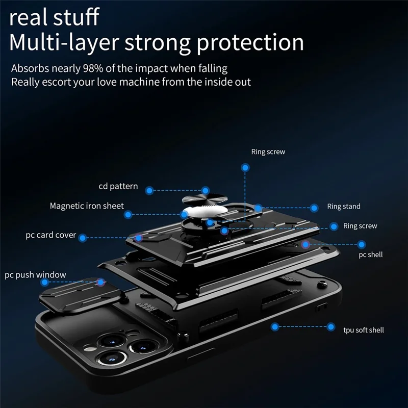 For iPhone 14 Pro Max 6.7 inch Kickstand Phone Case Hard PC  Soft TPU Hybrid Cover with Card Holder and Slide Lens Protection - Black