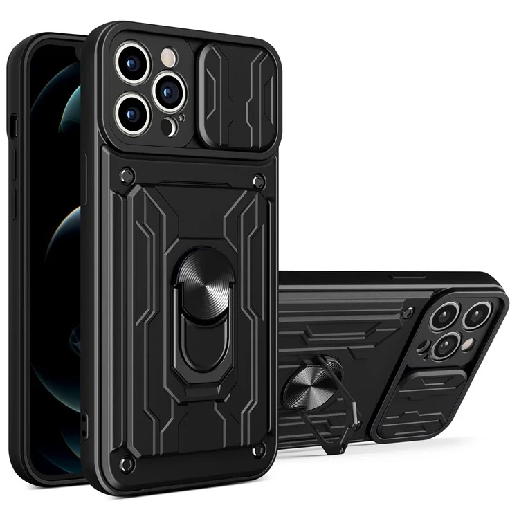 For iPhone 14 Pro 6.1 inch Slide Lens Cover Kickstand PC + TPU Shell Card Holder Shockproof Phone Case - Black