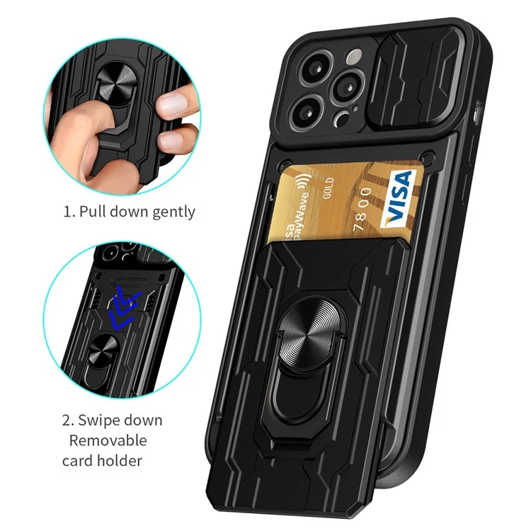 For iPhone 14 Pro 6.1 inch Slide Lens Cover Kickstand PC + TPU Shell Card Holder Shockproof Phone Case - Black