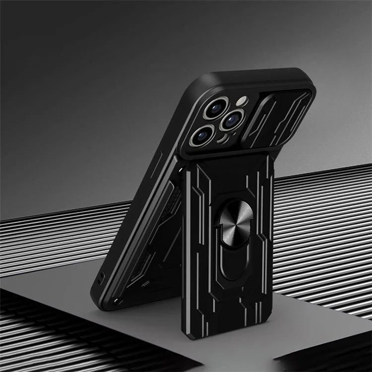 Para iPhone 14 Pro 6,1 polegadas Capa de Proteção para Lente Deslizante com Suporte, Capa de PC + TPU com Porta-Cartões à Prova de Choque - Preto