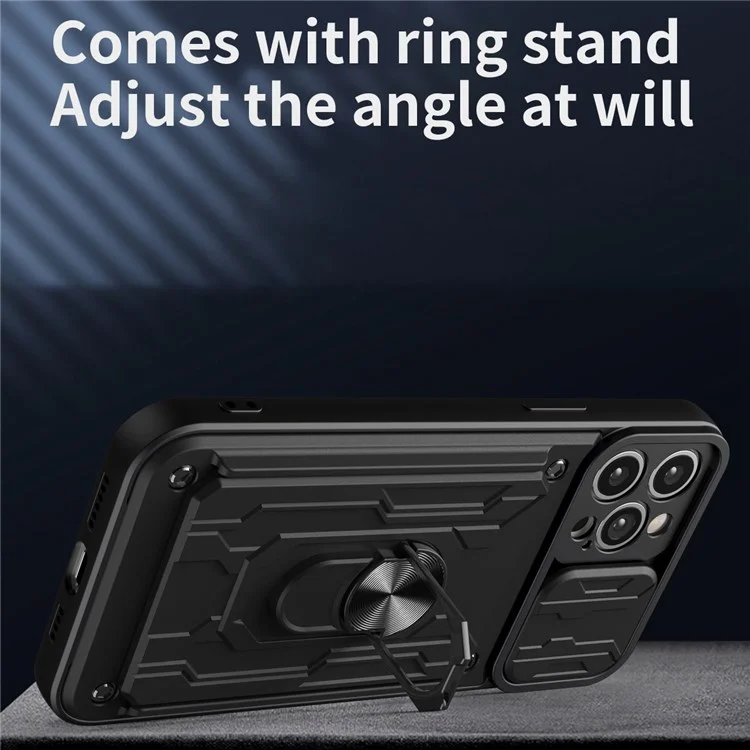 Para iPhone 14 Pro 6,1 polegadas Capa de Proteção para Lente Deslizante com Suporte, Capa de PC + TPU com Porta-Cartões à Prova de Choque - Preto