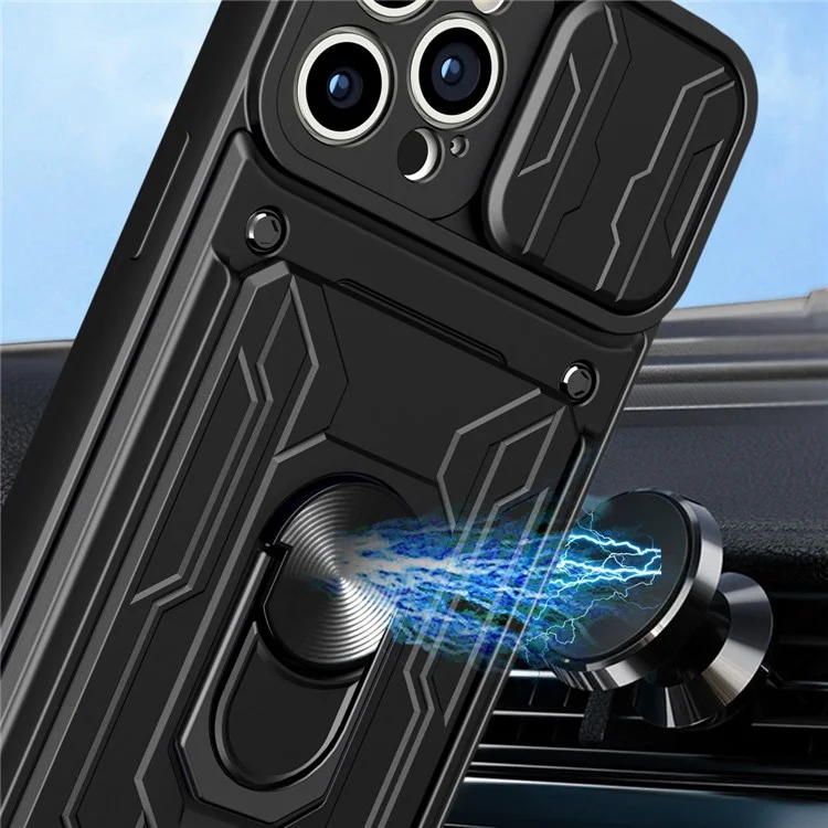 Para iPhone 14 Pro 6,1 polegadas Capa de Proteção para Lente Deslizante com Suporte, Capa de PC + TPU com Porta-Cartões à Prova de Choque - Preto
