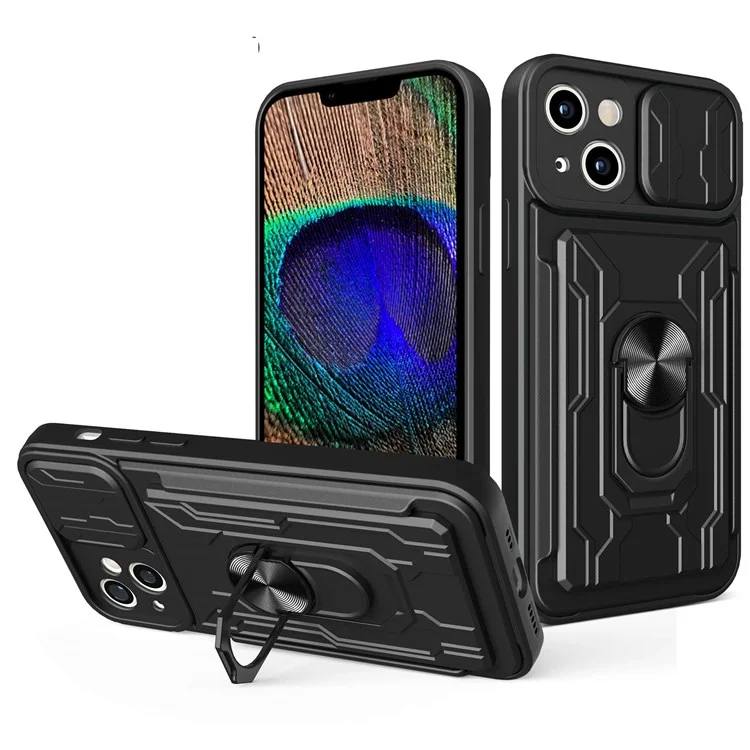 Para iPhone 14 6,1 polegadas Slide Lens Protection Design Kickstand Case Hard PC Soft TPU Impact-Resistant Cover with Card Holder - Preto