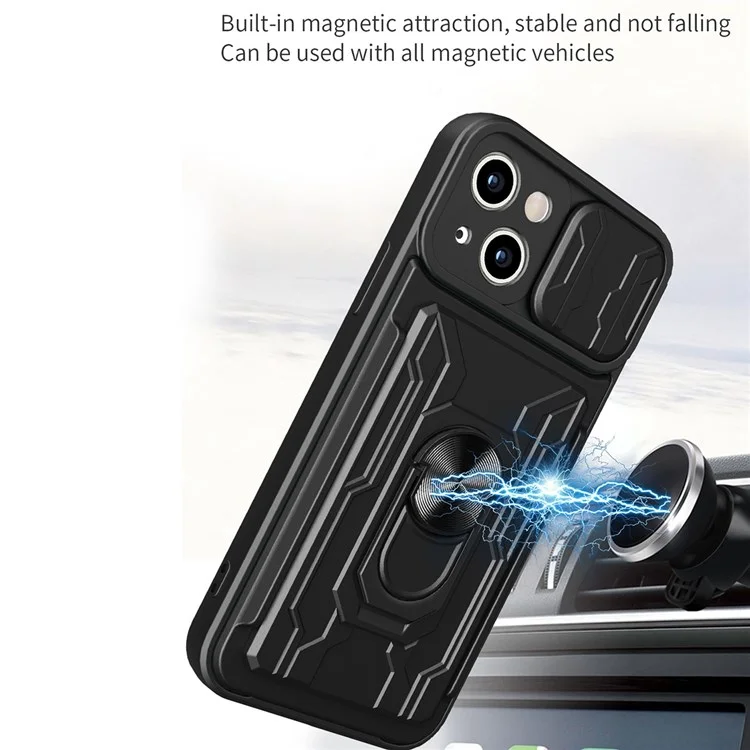 Para iPhone 14 6,1 polegadas Slide Lens Protection Design Kickstand Case Hard PC Soft TPU Impact-Resistant Cover with Card Holder - Preto