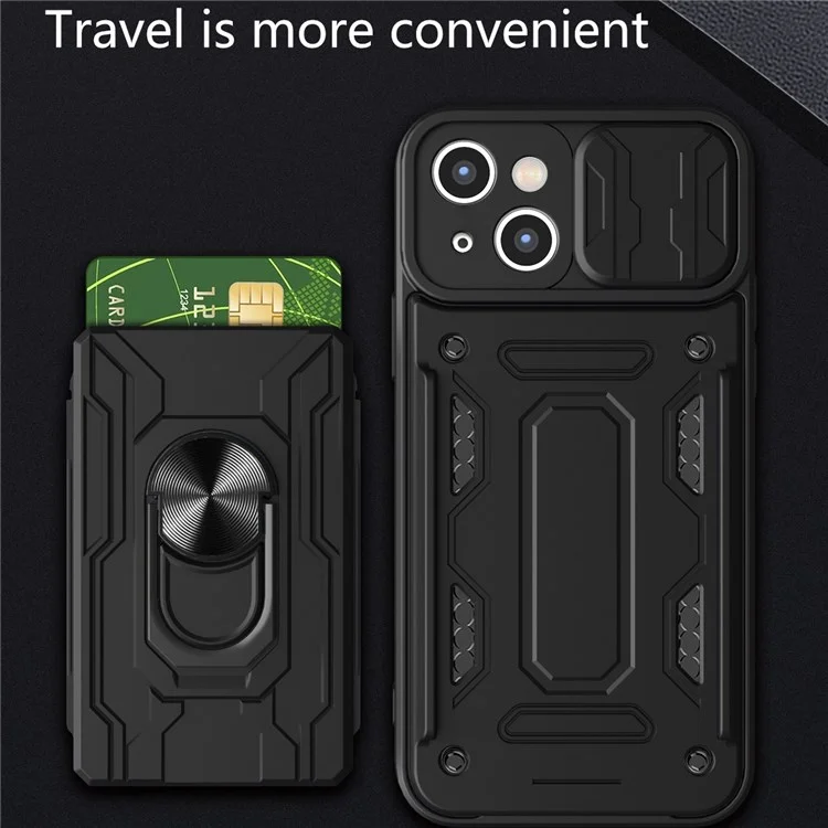 Para iPhone 14 6,1 polegadas Slide Lens Protection Design Kickstand Case Hard PC Soft TPU Impact-Resistant Cover with Card Holder - Preto