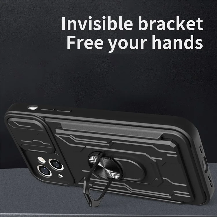 Para iPhone 14 6,1 polegadas Slide Lens Protection Design Kickstand Case Hard PC Soft TPU Impact-Resistant Cover with Card Holder - Preto