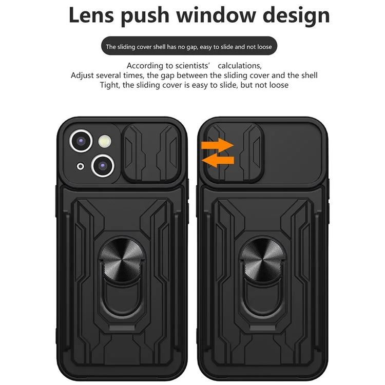 Para iPhone 14 6,1 polegadas Slide Lens Protection Design Kickstand Case Hard PC Soft TPU Impact-Resistant Cover with Card Holder - Preto