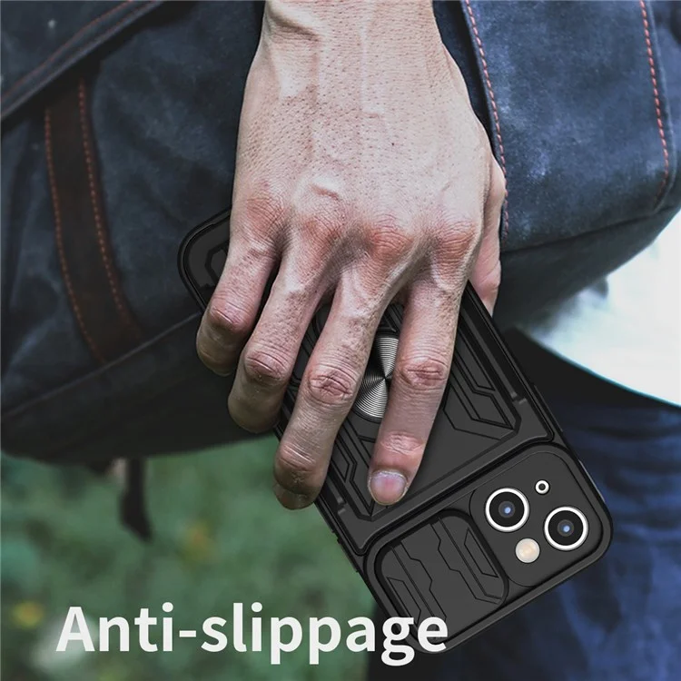 Para iPhone 14 6,1 polegadas Slide Lens Protection Design Kickstand Case Hard PC Soft TPU Impact-Resistant Cover with Card Holder - Preto