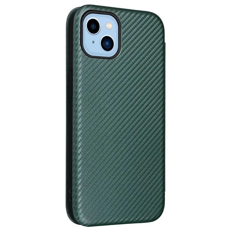 For iPhone 14 6.1 inch Carbon Fiber Texture Mobile Phone Case Magnetic Auto-absorbed PU Leather Stand Card Holder Function Phone Cover - Green