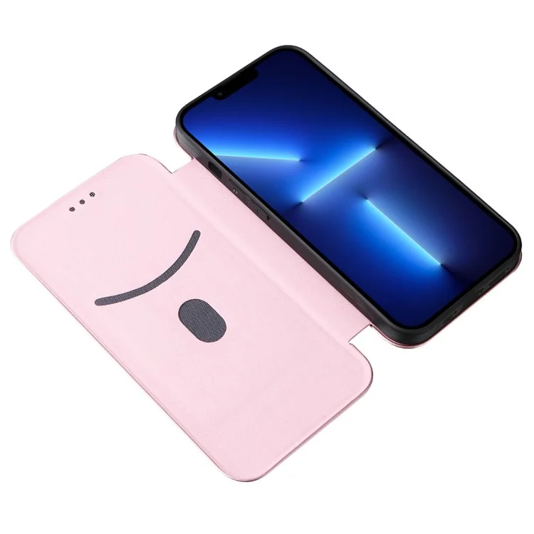Para Iphone 14 Max 6.7 Pulgadas Magnética Automogsorbida Fibra de Carbono Textura Case de Textura PU Función de Tarjeta de Cuero Función de Teléfono - Oro Rosa
