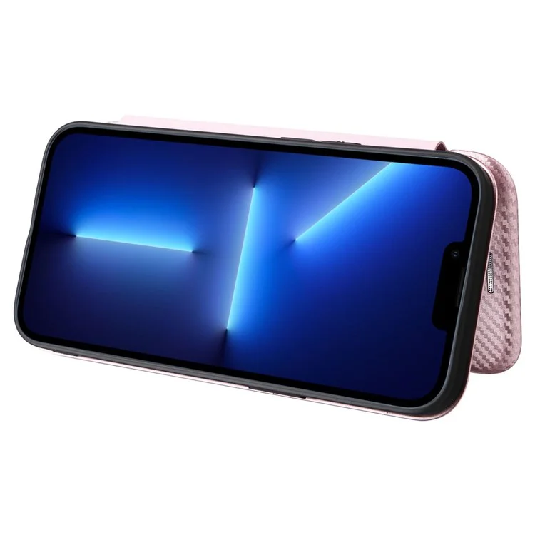 Para Iphone 14 Max 6.7 Pulgadas Magnética Automogsorbida Fibra de Carbono Textura Case de Textura PU Función de Tarjeta de Cuero Función de Teléfono - Oro Rosa