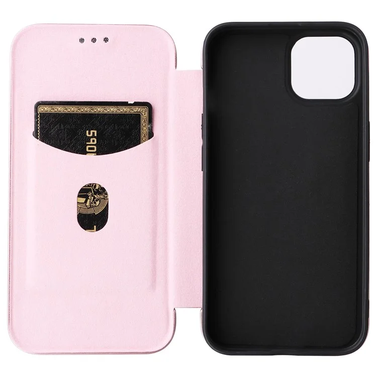 For iPhone 14 Plus 6.7 inch Magnetic Auto-absorbed Carbon Fiber Texture Case PU Leather Stand Card Holder Function Phone Shell - Rose Gold