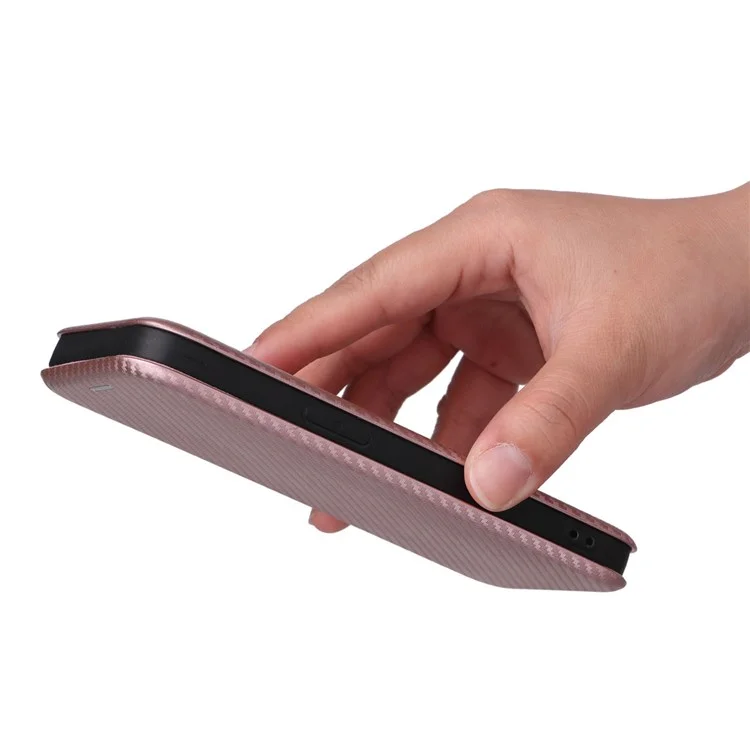 Para Iphone 14 Max 6.7 Pulgadas Magnética Automogsorbida Fibra de Carbono Textura Case de Textura PU Función de Tarjeta de Cuero Función de Teléfono - Oro Rosa
