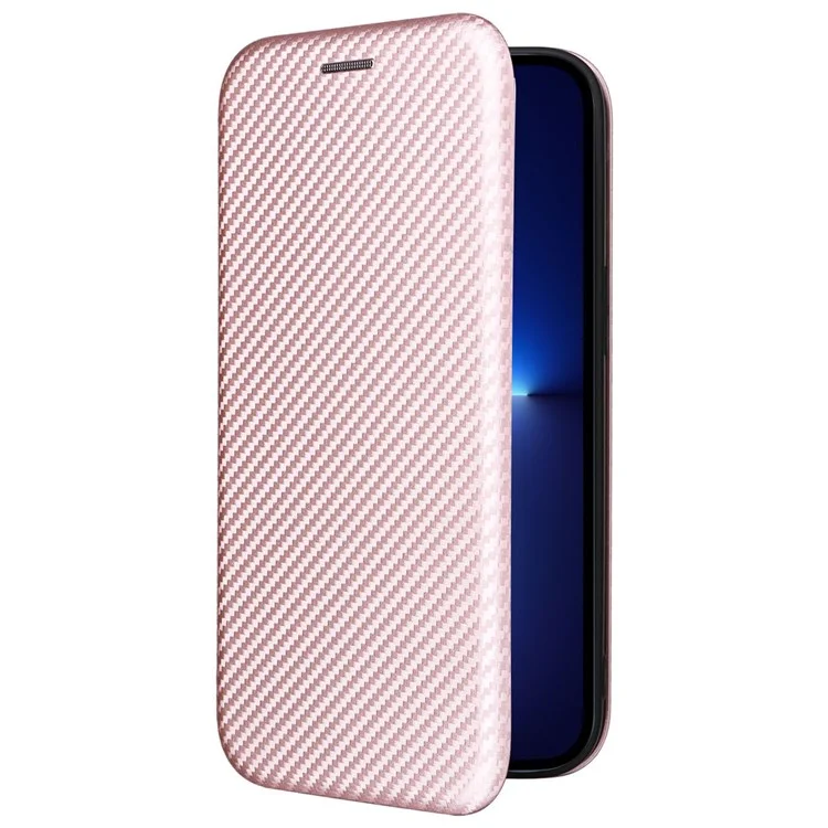 For iPhone 14 Plus 6.7 inch Magnetic Auto-absorbed Carbon Fiber Texture Case PU Leather Stand Card Holder Function Phone Shell - Rose Gold