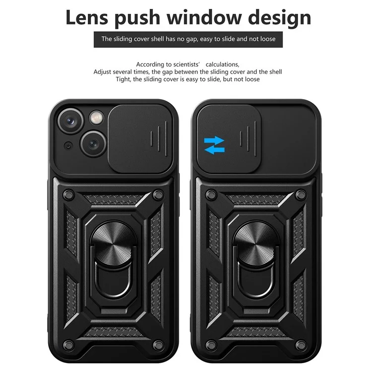 For iPhone 14 Plus 6.7 inch Anti-scratch Phone Cover Slide Camera Protection PC + TPU Ring Kickstand Cell Phone Case - Black