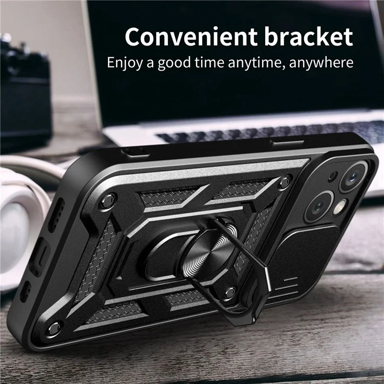 For iPhone 14 Plus 6.7 inch Anti-scratch Phone Cover Slide Camera Protection PC + TPU Ring Kickstand Cell Phone Case - Black