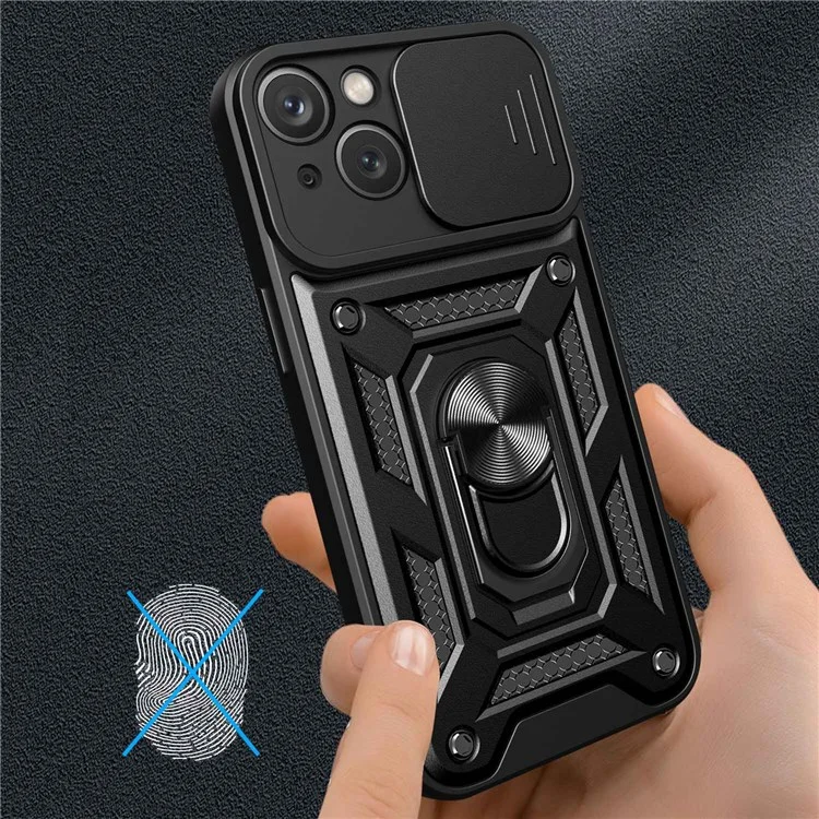 For iPhone 14 Plus 6.7 inch Anti-scratch Phone Cover Slide Camera Protection PC + TPU Ring Kickstand Cell Phone Case - Black