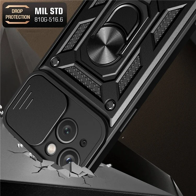 For iPhone 14 Plus 6.7 inch Anti-scratch Phone Cover Slide Camera Protection PC + TPU Ring Kickstand Cell Phone Case - Black