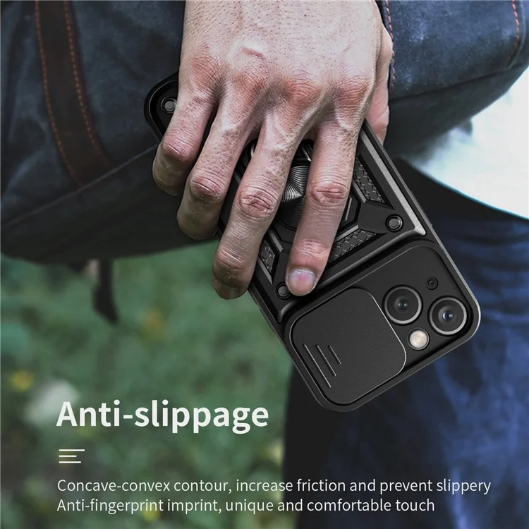For iPhone 14 Plus 6.7 inch Anti-scratch Phone Cover Slide Camera Protection PC + TPU Ring Kickstand Cell Phone Case - Black