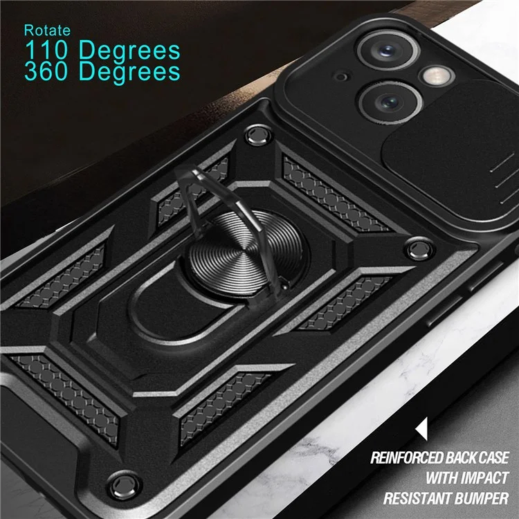 For iPhone 14 Plus 6.7 inch Anti-scratch Phone Cover Slide Camera Protection PC + TPU Ring Kickstand Cell Phone Case - Black