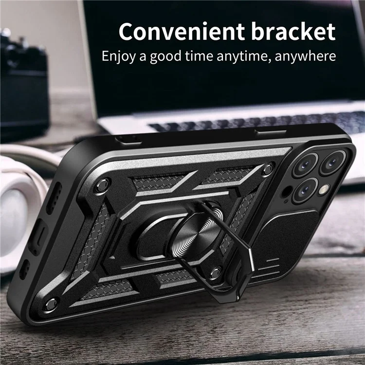 Anti-fingerprint Phone Shell for iPhone 14 Pro 6.1 inch, Kickstand Slide Camera Protection PC + TPU Anti-scratch Phone Cover Case - Black