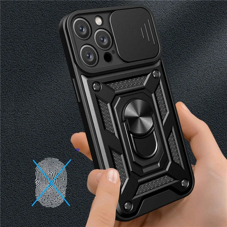 Anti-fingerprint Phone Shell for iPhone 14 Pro 6.1 inch, Kickstand Slide Camera Protection PC + TPU Anti-scratch Phone Cover Case - Black
