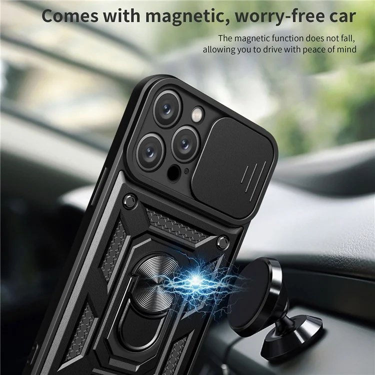 Anti-fingerprint Phone Shell for iPhone 14 Pro 6.1 inch, Kickstand Slide Camera Protection PC + TPU Anti-scratch Phone Cover Case - Black