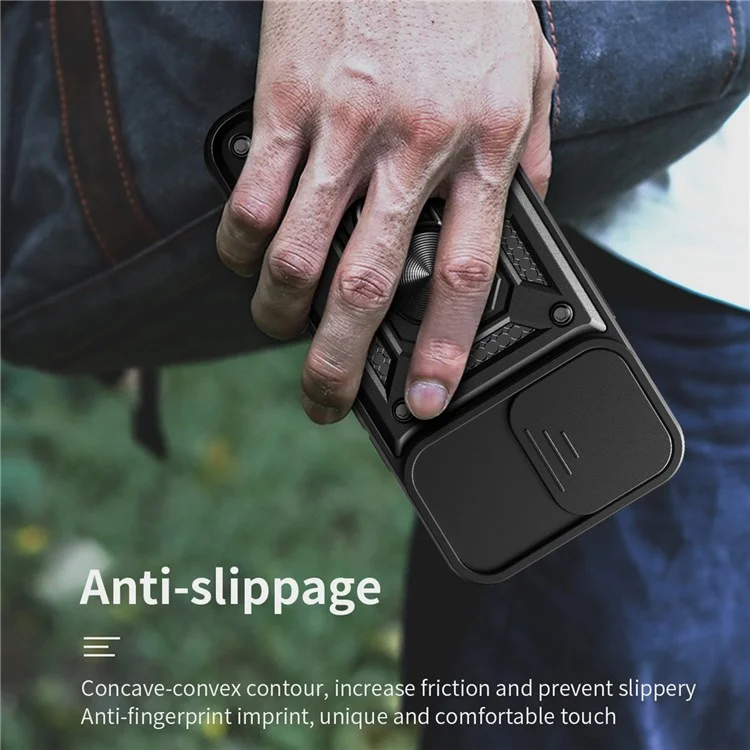 Anti-fingerprint Phone Shell for iPhone 14 Pro 6.1 inch, Kickstand Slide Camera Protection PC + TPU Anti-scratch Phone Cover Case - Black