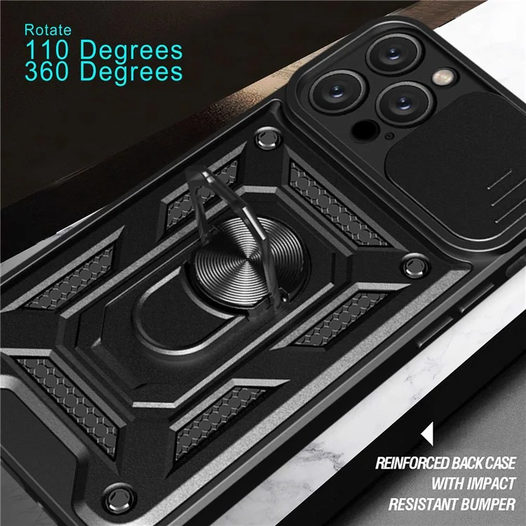 Anti-fingerprint Phone Shell for iPhone 14 Pro 6.1 inch, Kickstand Slide Camera Protection PC + TPU Anti-scratch Phone Cover Case - Black