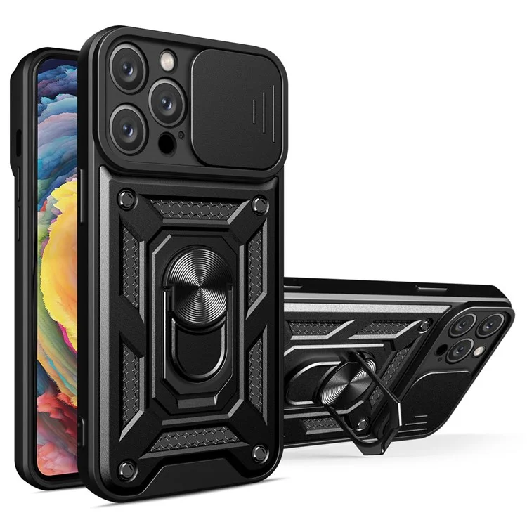 Para Iphone 14 Pro Max 6.7 Pulgadas Anti-fingerprint Shell Slide Protection Camera Protection PC + TPU Anillo de Kickstand Anti-scratch Telep Cover Case - Negro