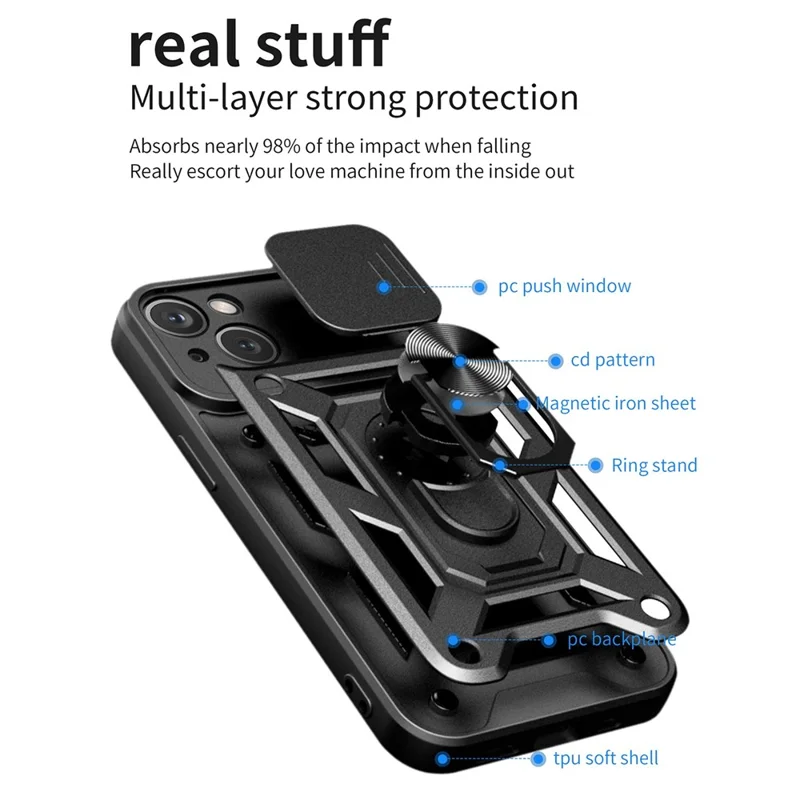 Para Iphone 14 6.1 Pulgadas de Cámara Deslizante Cubierta PC Dura + TPU Ring Kickstand Schell - Negro