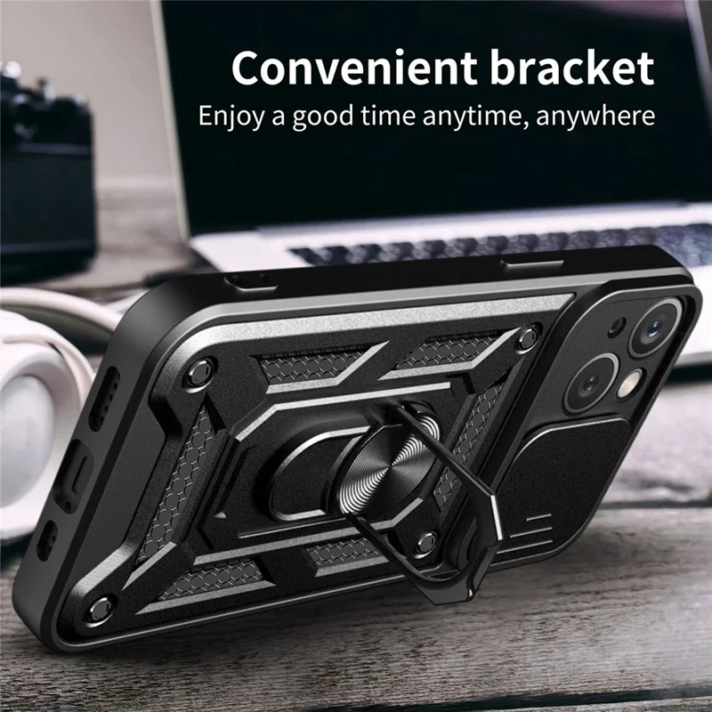 For iPhone 14 6.1 inch Slide Camera Cover Hard PC + TPU Ring Kickstand Phone Shell Case - Black