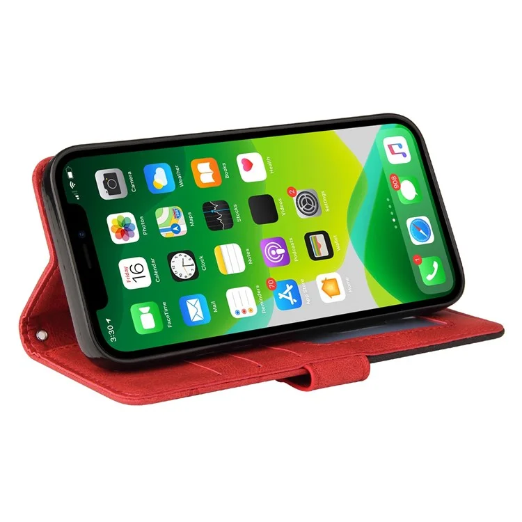 For iPhone 14 Leather Case Wallet Stand Color Splicing Phone Cover - Red