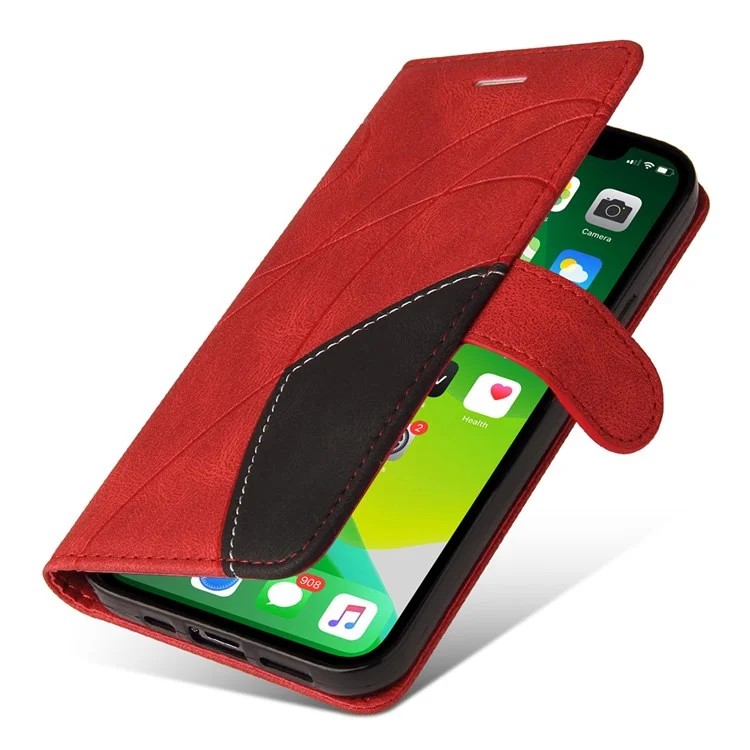 For iPhone 14 Leather Case Wallet Stand Color Splicing Phone Cover - Red