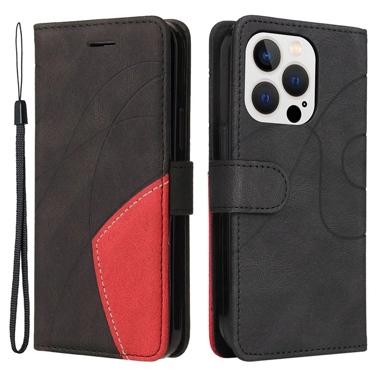 KT Leather Series-1 Para Iphone 14 Pro 6.1 Pulgadas de Billetera Case de Teléfono a Prueba de Choque de Doble Color Cubierta de Tpu de Cuero PU - Negro