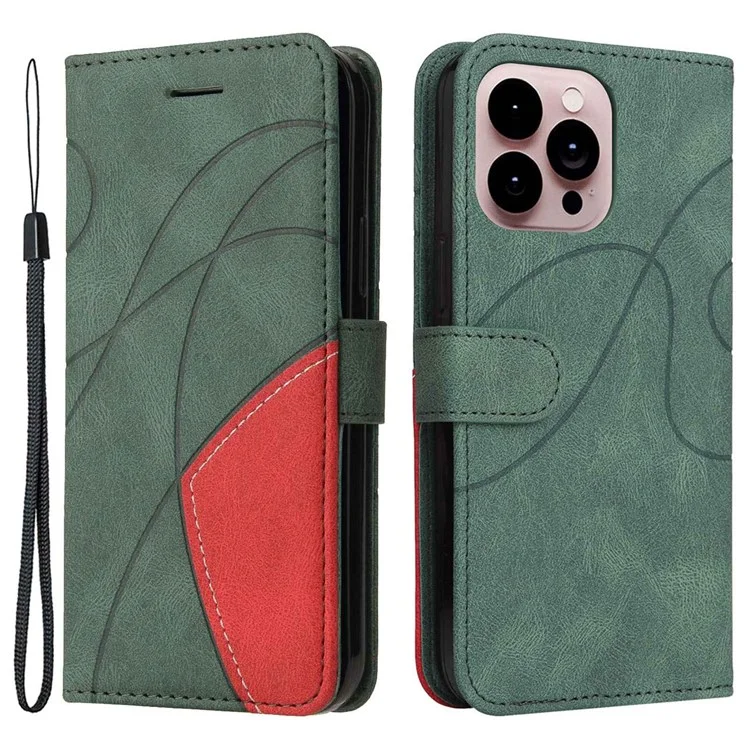 For iPhone 14 Pro Max Leather Case Wallet Stand Color Splicing Phone Cover - Green