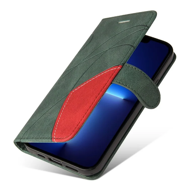 For iPhone 14 Pro Max Leather Case Wallet Stand Color Splicing Phone Cover - Green
