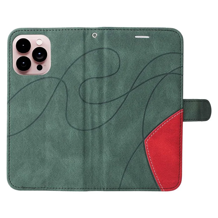 For iPhone 14 Pro Max Leather Case Wallet Stand Color Splicing Phone Cover - Green