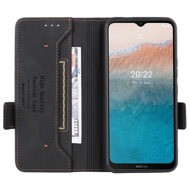 For Nokia C21 Plus Drop Resistant Hardware Design PU Leather Wallet Stand Case Book Style Phone Cover - Black