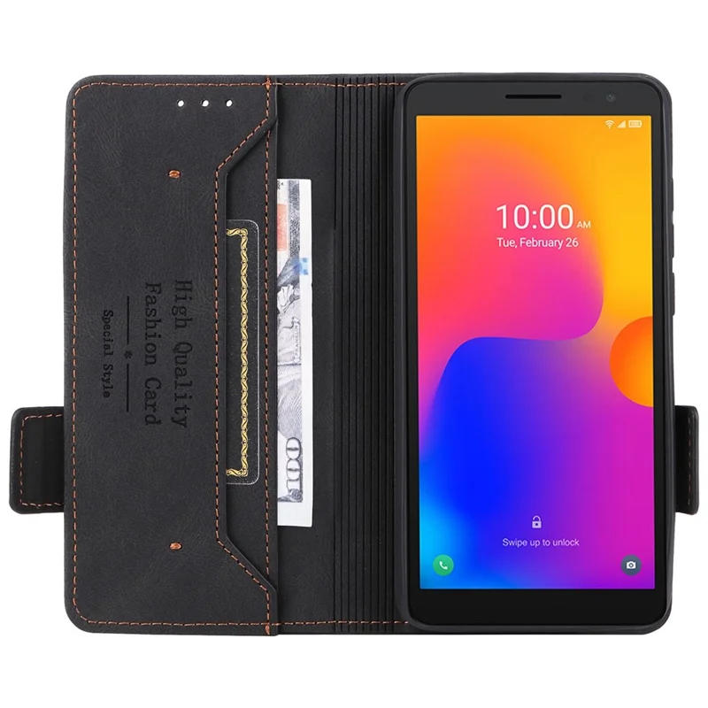 For Alcatel 1B (2022) Hardware Design Shockproof PU Leather Wallet Stand Case Book Style Phone Cover - Black