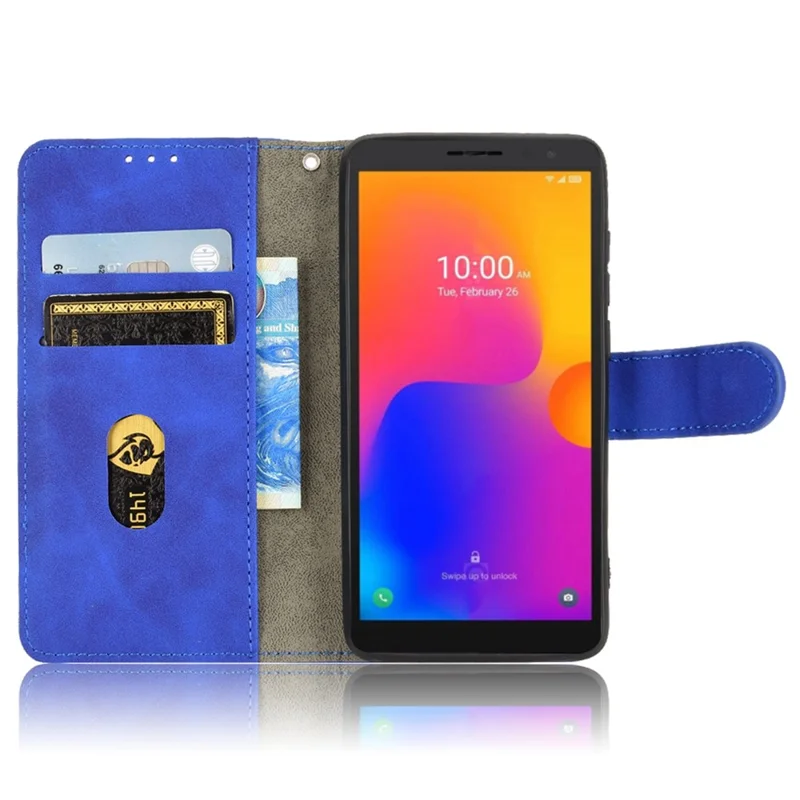 For Alcatel 1B (2022) Skin-Touch Feeling Cell Phone Case Magnetic Clasp PU Leather Wallet Adjustable Stand - Blue