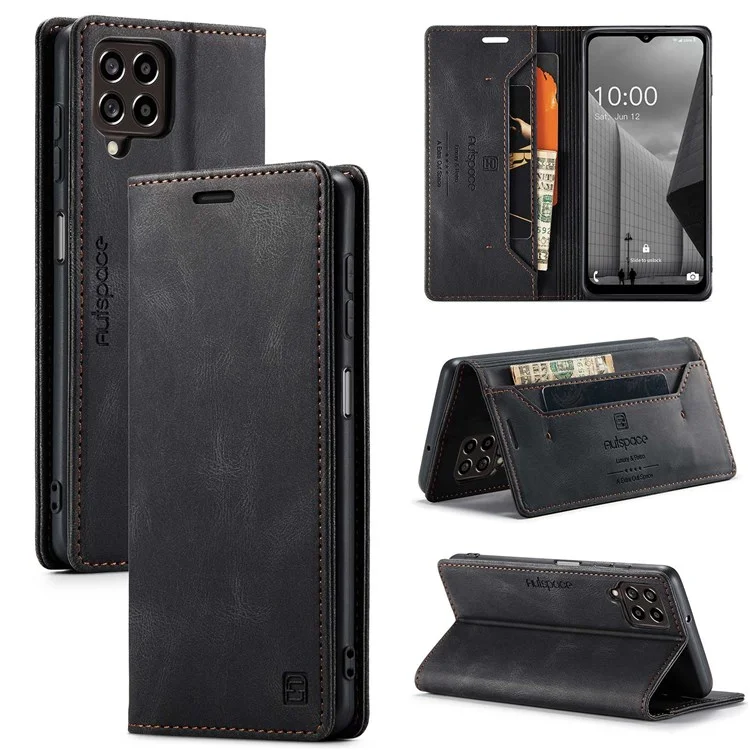 AUTSPACE A01 Series For Samsung Galaxy M33 5G (Global Version) Mobile Phone Case Bag Matte PU Leather+TPU RFID Blocking Magnetic Closure Retro Phone Cover Stand Wallet - Black