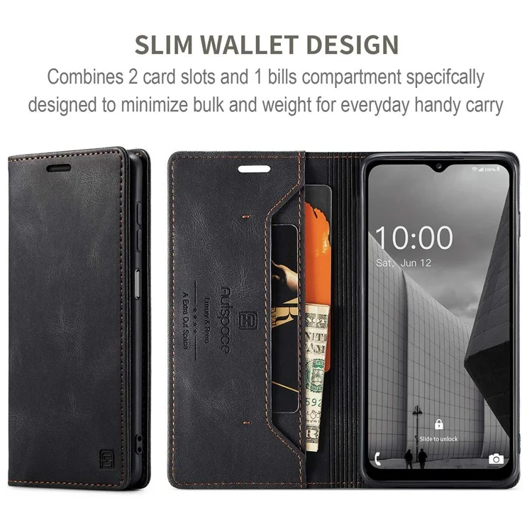 AUTSPACE A01 Series For Samsung Galaxy M33 5G (Global Version) Mobile Phone Case Bag Matte PU Leather+TPU RFID Blocking Magnetic Closure Retro Phone Cover Stand Wallet - Black