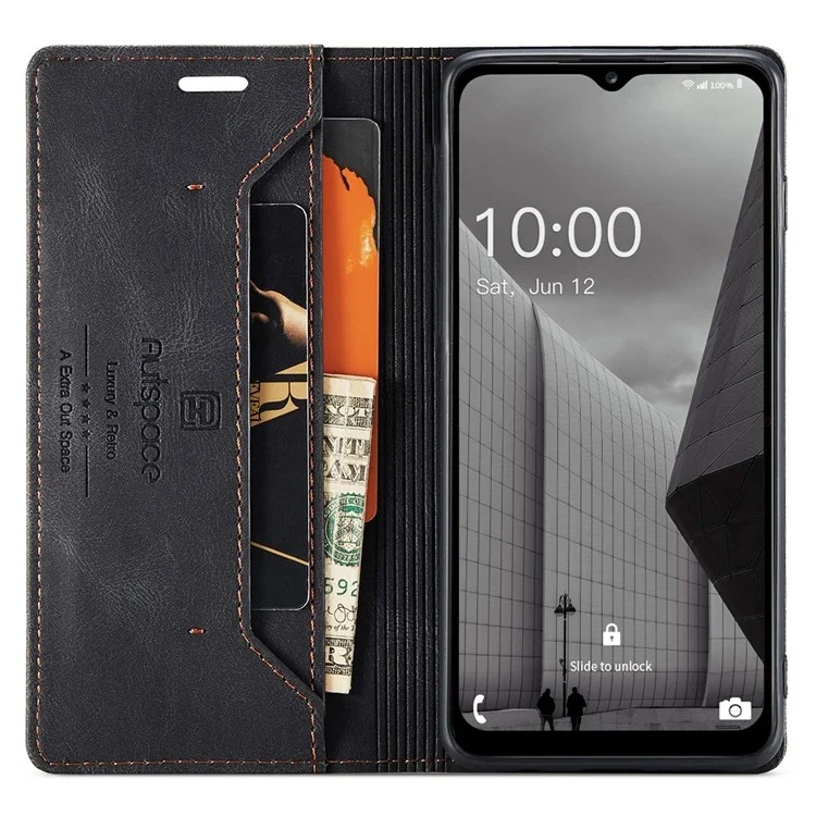 AUTSPACE A01 Series For Samsung Galaxy M33 5G (Global Version) Mobile Phone Case Bag Matte PU Leather+TPU RFID Blocking Magnetic Closure Retro Phone Cover Stand Wallet - Black