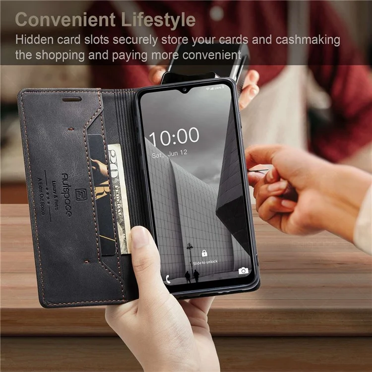 AUTSPACE A01 Series For Samsung Galaxy M33 5G (Global Version) Mobile Phone Case Bag Matte PU Leather+TPU RFID Blocking Magnetic Closure Retro Phone Cover Stand Wallet - Black