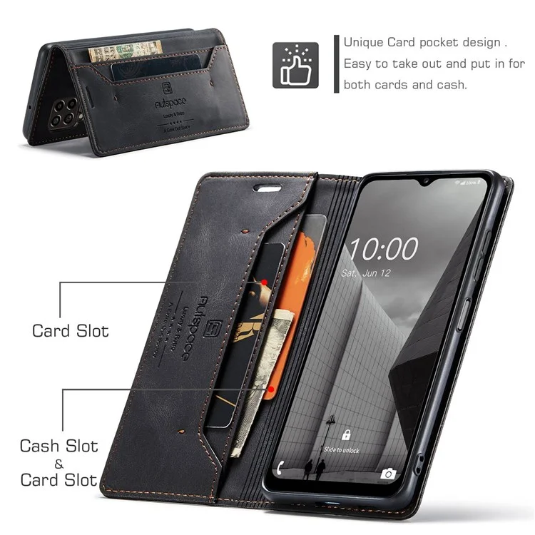 AUTSPACE A01 Series For Samsung Galaxy M33 5G (Global Version) Mobile Phone Case Bag Matte PU Leather+TPU RFID Blocking Magnetic Closure Retro Phone Cover Stand Wallet - Black