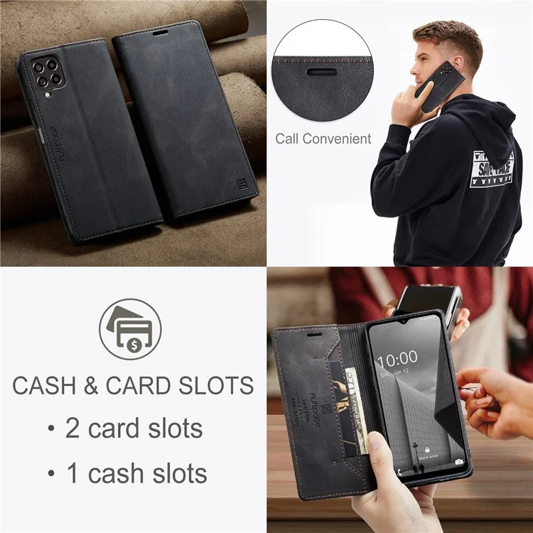 AUTSPACE A01 Series For Samsung Galaxy M33 5G (Global Version) Mobile Phone Case Bag Matte PU Leather+TPU RFID Blocking Magnetic Closure Retro Phone Cover Stand Wallet - Black
